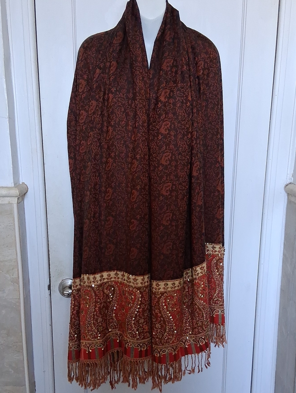 Vintage Embroidered With Sequins Brown & Red Maxi Shawl with Fringe 45w 86l